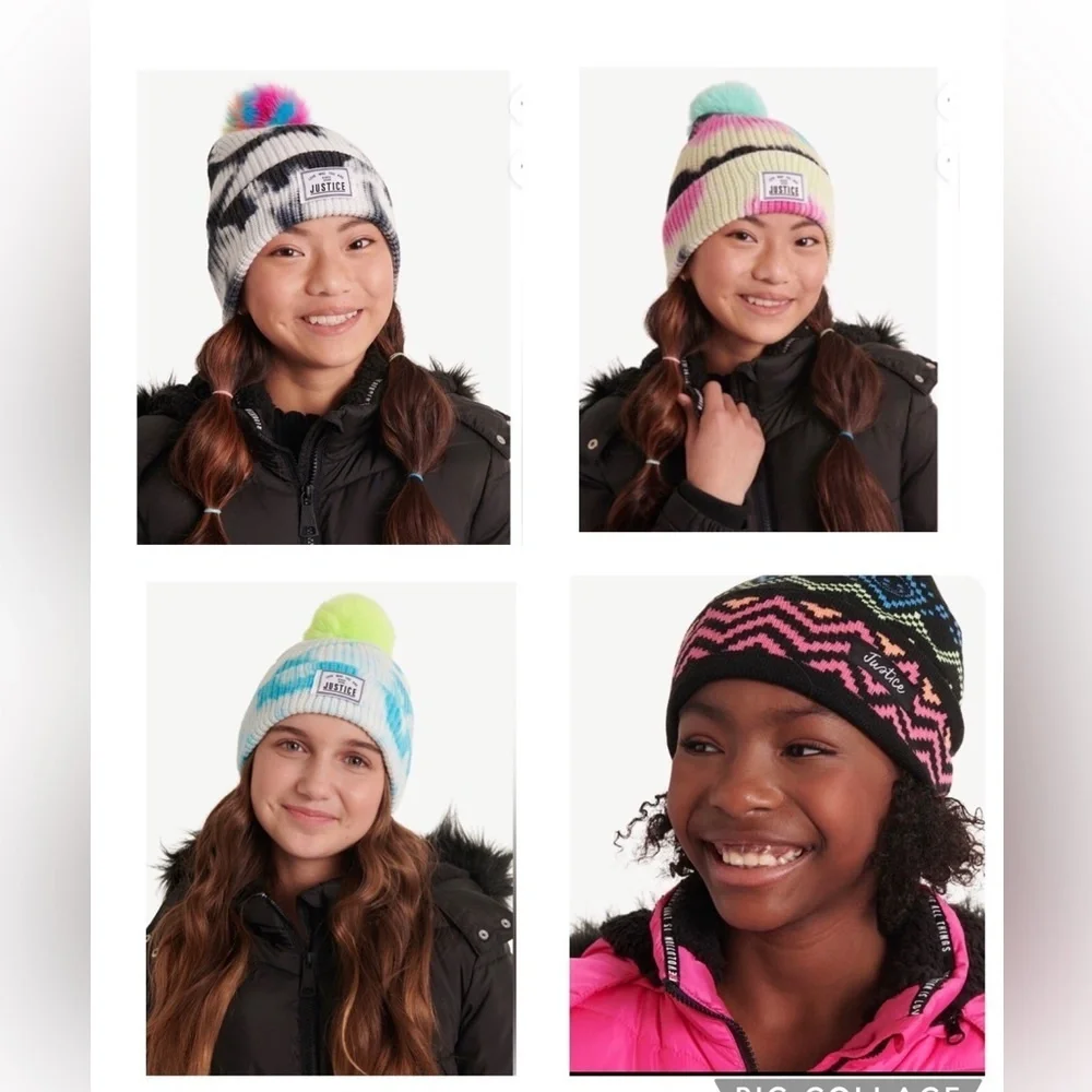 2pack Justice Girls faux fur pom pom ombre Tie Dye‎ & fair isle look beanies new